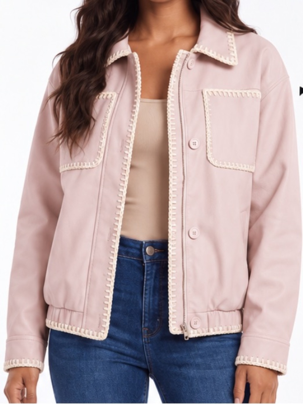 Embroidered Trim Vegan Leather Bomber Jacket in Blush - Picture 1 of 3